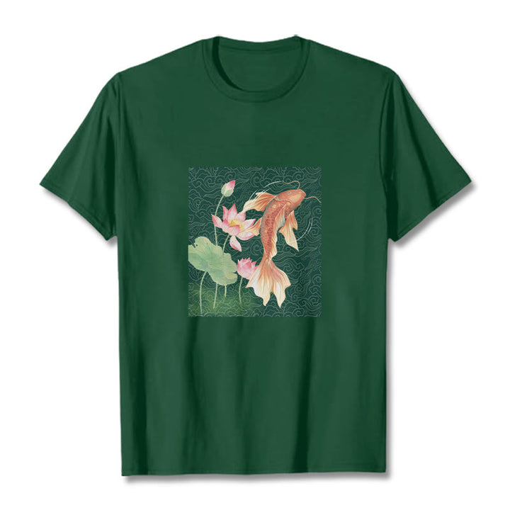Camiseta de algodón con combinación de loto, pez koi y Buddha Stones - Verde bosque - 2XL - image 9