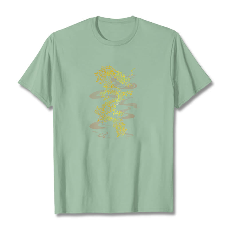 Camiseta de algodón con diseño de dragón dorado y Buddha Stones - Verde pálido - 2XL - image 15