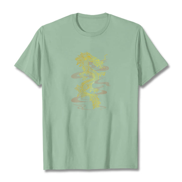 Camiseta de algodón con diseño de dragón dorado y Buddha Stones - Verde pálido - 2XL - image 15