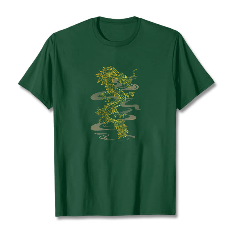 Camiseta de algodón con diseño de dragón dorado y Buddha Stones - Verde bosque - 2XL - image 10