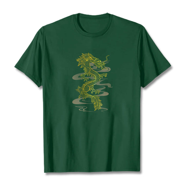 Camiseta de algodón con diseño de dragón dorado y Buddha Stones - Verde bosque - 2XL - image 10