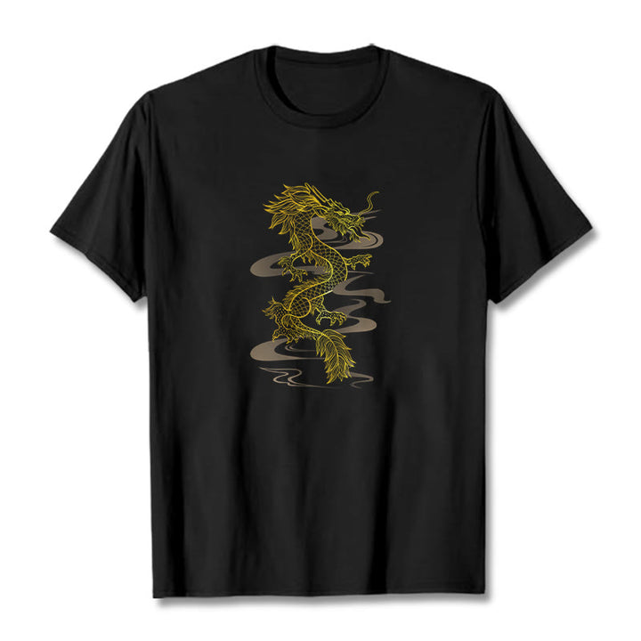 Camiseta de algodón con diseño de dragón dorado y Buddha Stones - Negro - 2XL - image 1