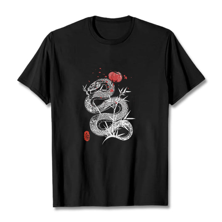 Camiseta de algodón con diseño de serpiente, hojas de bambú y farolillos de Buddha Stones - Negro - 2XL - image 0