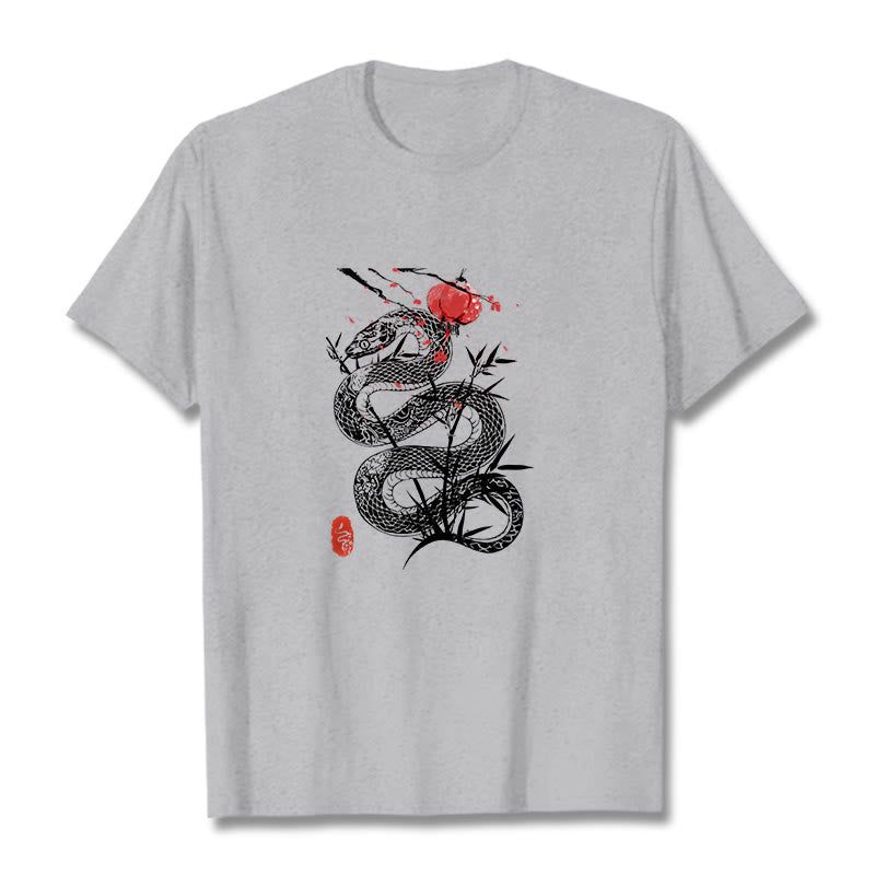 Camiseta de algodón con diseño de serpiente, hojas de bambú y farolillos de Buddha Stones - Gris claro - 2XL - image 11