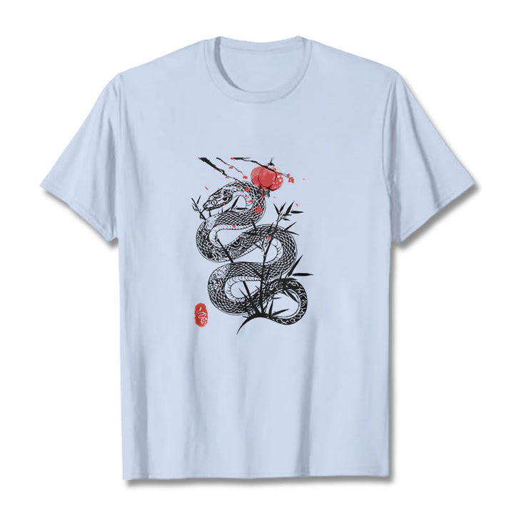 Camiseta de algodón con diseño de serpiente, hojas de bambú y farolillos de Buddha Stones - Cian claro - 2XL - image 5
