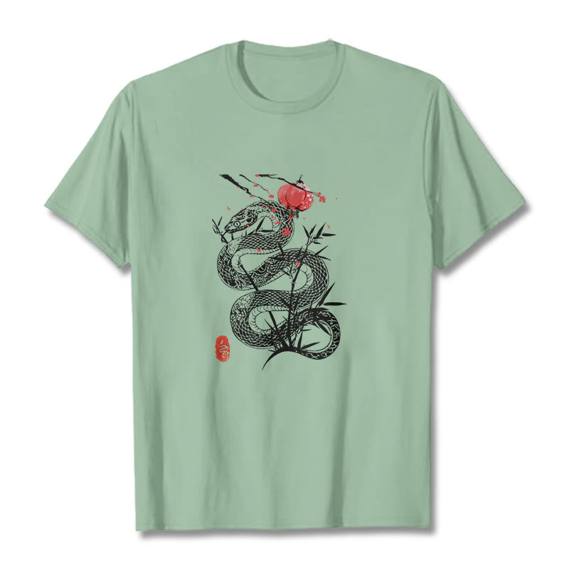 Camiseta de algodón con diseño de serpiente, hojas de bambú y farolillos de Buddha Stones - Verde pálido - 2XL - image 15