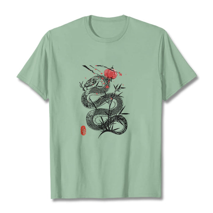 Camiseta de algodón con diseño de serpiente, hojas de bambú y farolillos de Buddha Stones - Verde pálido - 2XL - image 15