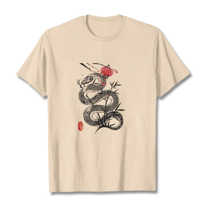 Camiseta de algodón con diseño de serpiente, hojas de bambú y farolillos de Buddha Stones - Sopa de mariscos - 2XL - image 13