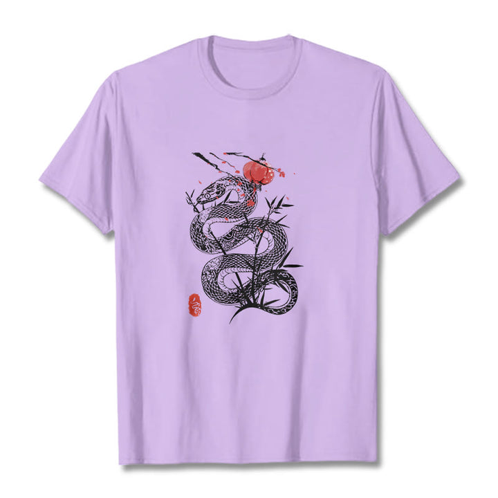 Camiseta de algodón con diseño de serpiente, hojas de bambú y farolillos de Buddha Stones - Ciruela - 2XL - image 16