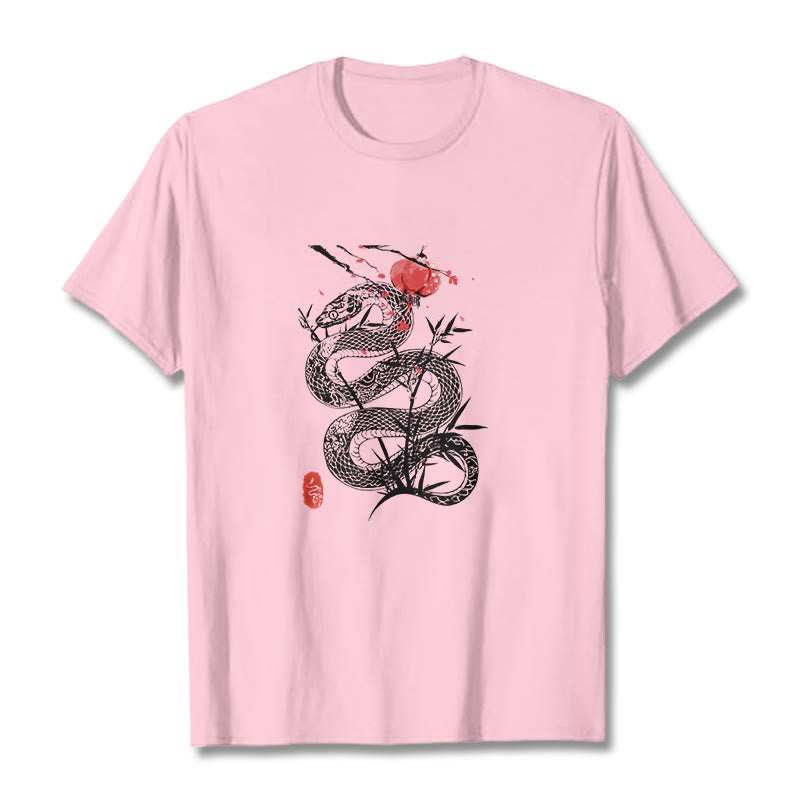 Camiseta de algodón con diseño de serpiente, hojas de bambú y farolillos de Buddha Stones - rosa claro - 2XL - image 18