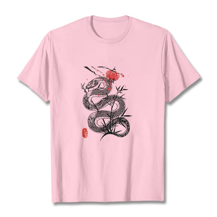 Camiseta de algodón con diseño de serpiente, hojas de bambú y farolillos de Buddha Stones - rosa claro - 2XL - image 18