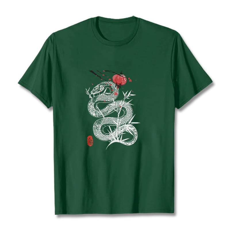 Camiseta de algodón con diseño de serpiente, hojas de bambú y farolillos de Buddha Stones - Verde bosque - 2XL - image 9