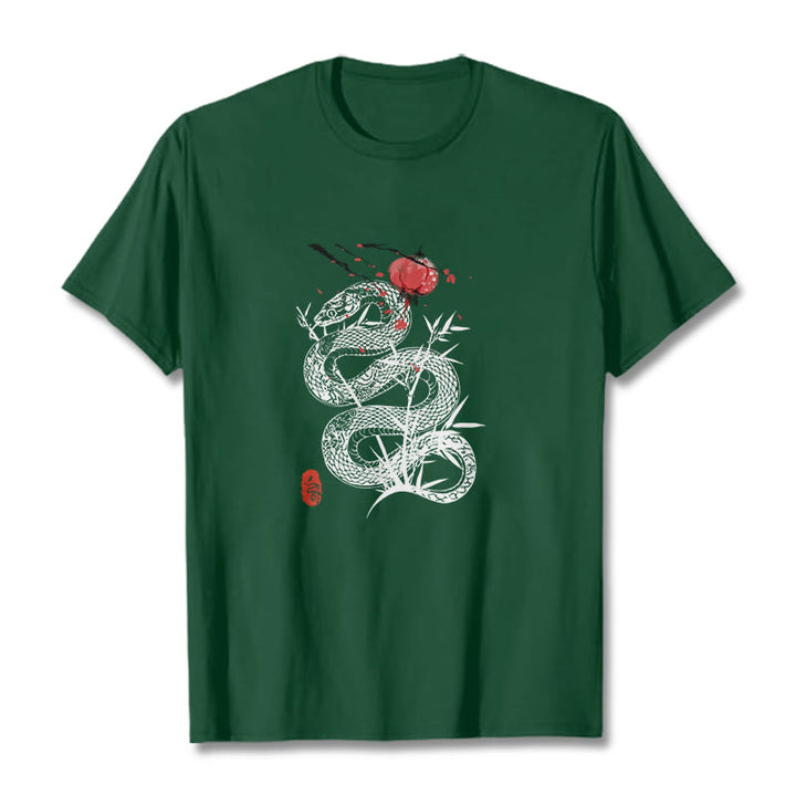 Camiseta de algodón con diseño de serpiente, hojas de bambú y farolillos de Buddha Stones - Verde bosque - 2XL - image 9