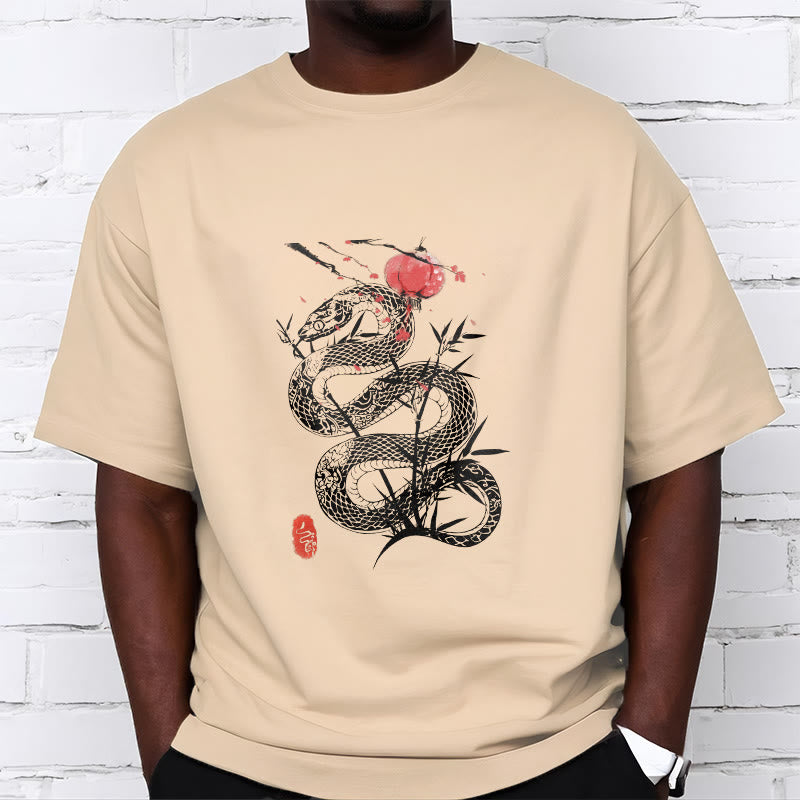 Camiseta de algodón con diseño de serpiente, hojas de bambú y farolillos de Buddha Stones - image 13