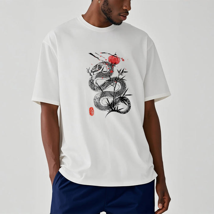 Camiseta de algodón con diseño de serpiente, hojas de bambú y farolillos de Buddha Stones - Blanco - 2XL - image 7