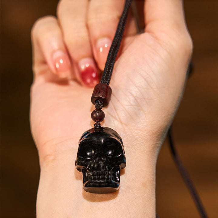 Collar con colgante de esqueleto Shmashana con cuerda de obsidiana negra y Buddha Stones