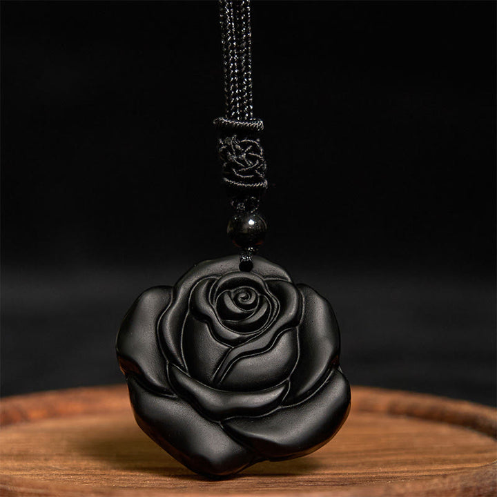 Colgante de collar purificador de rosa negra con hilo de obsidiana negra y Buddha Stones