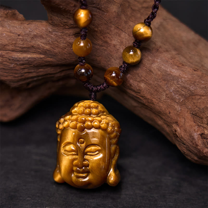 Collar con colgante de cabeza de Buda con Buddha Stones y ojo de tigre - Cuerda marrón de cuatro hilos de ojo de tigre - image 10