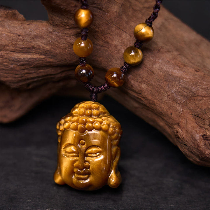 Collar con colgante de cabeza de Buda con Buddha Stones y ojo de tigre - Cuerda marrón de cuatro hilos de ojo de tigre - image 10
