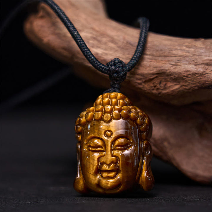 Collar con colgante de cabeza de Buda con Buddha Stones y ojo de tigre - Cuerda negra de ojo de tigre - image 1
