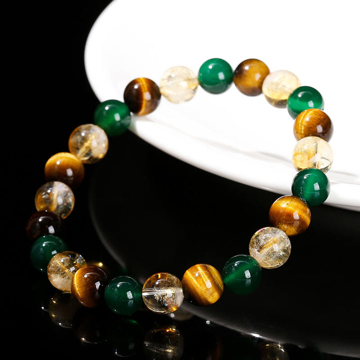 Pulsera de protección con cuentas combinadas de citrino, ágata verde y ojo de tigre natural y Buddha Stones