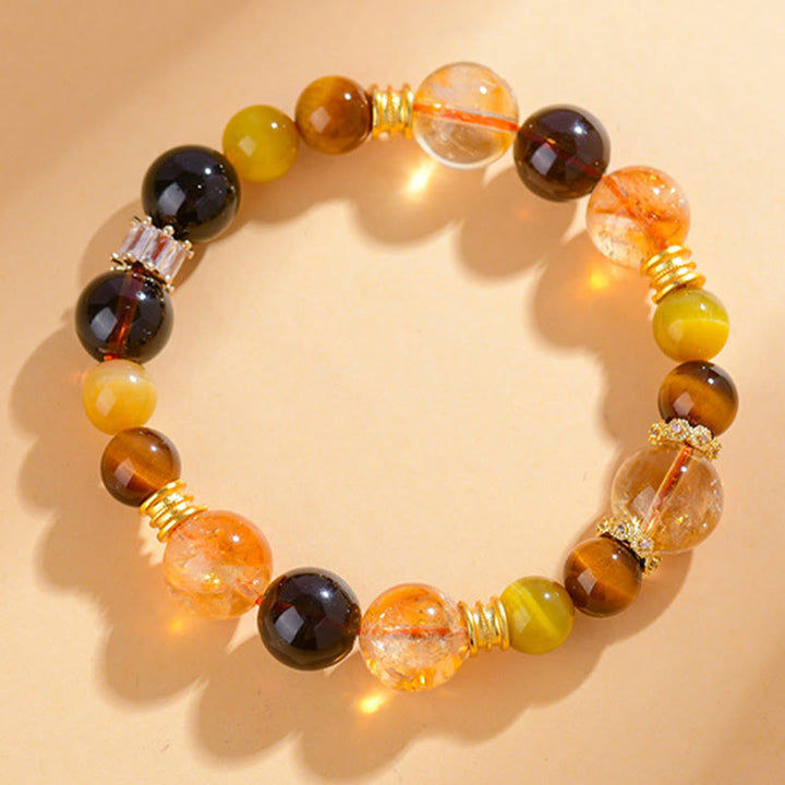 Pulsera de prosperidad con cristales Duobao de ojo de tigre, cuarzo ahumado y citrino natural de Buddha Stones