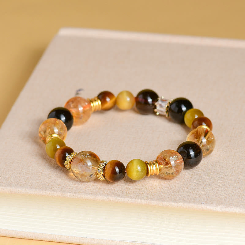 Pulsera de prosperidad con cristales Duobao de ojo de tigre, cuarzo ahumado y citrino natural de Buddha Stones