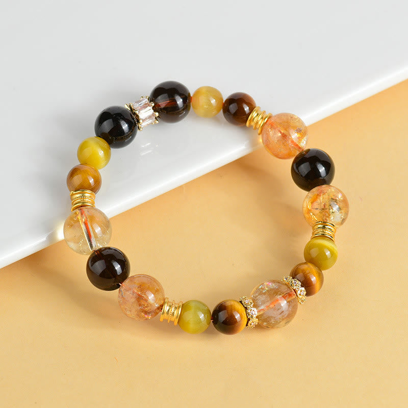 Pulsera de prosperidad con cristales Duobao de ojo de tigre, cuarzo ahumado y citrino natural de Buddha Stones
