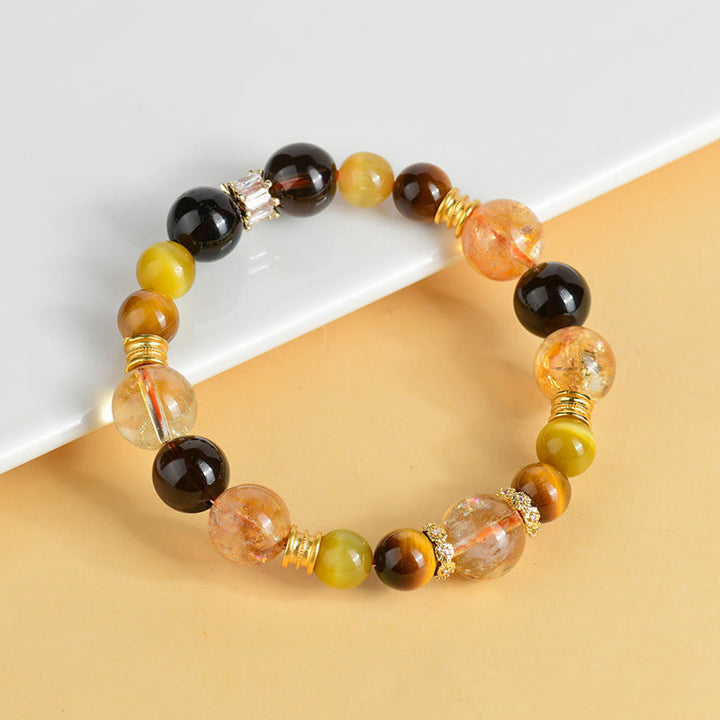 Pulsera de prosperidad con cristales Duobao de ojo de tigre, cuarzo ahumado y citrino natural de Buddha Stones