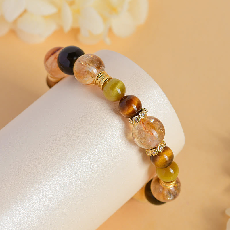 Pulsera de prosperidad con cristales Duobao de ojo de tigre, cuarzo ahumado y citrino natural de Buddha Stones