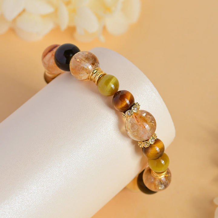Pulsera de prosperidad con cristales Duobao de ojo de tigre, cuarzo ahumado y citrino natural de Buddha Stones