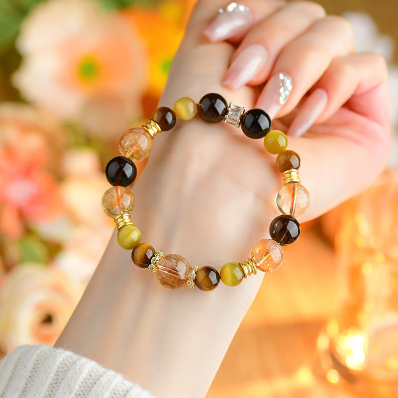 Pulsera de prosperidad con cristales Duobao de ojo de tigre, cuarzo ahumado y citrino natural de Buddha Stones