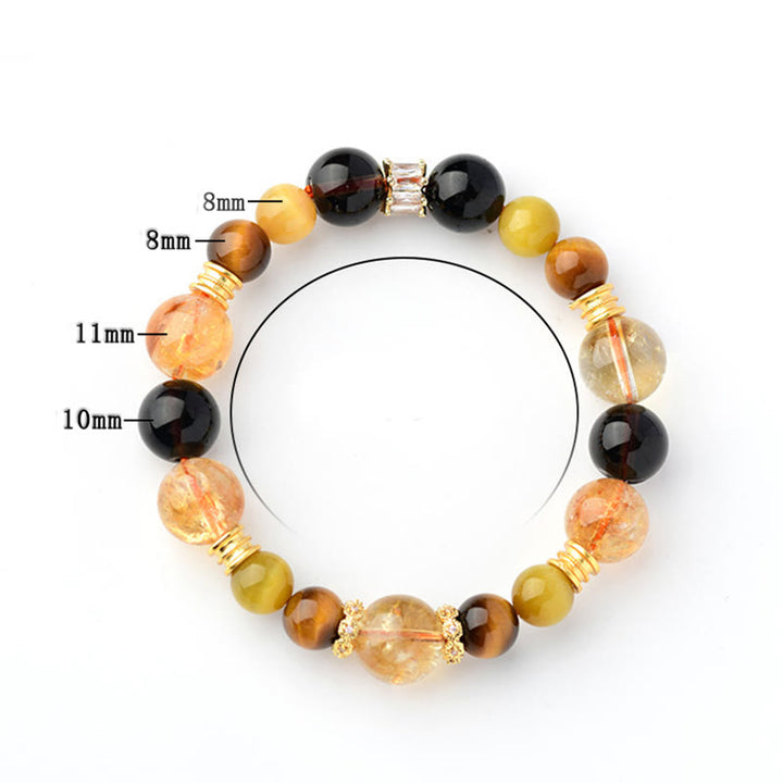 Pulsera de prosperidad con cristales Duobao de ojo de tigre, cuarzo ahumado y citrino natural de Buddha Stones