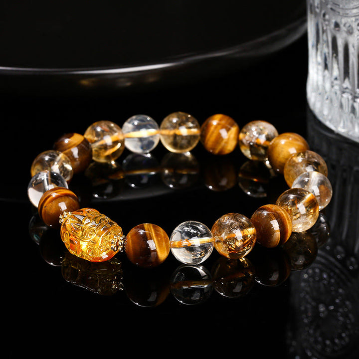 Pulsera de fuerza Pixiu de cera de abejas, citrino, ojo de tigre amarillo natural y Buddha Stones