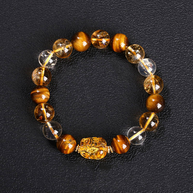 Pulsera de fuerza Pixiu de cera de abejas, citrino, ojo de tigre amarillo natural y Buddha Stones