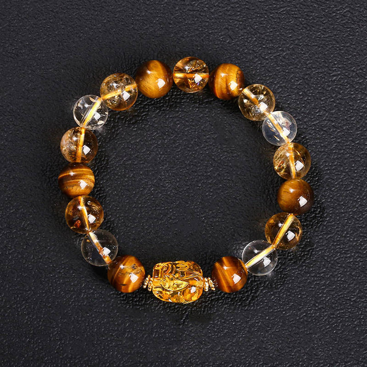 Pulsera de fuerza Pixiu de cera de abejas, citrino, ojo de tigre amarillo natural y Buddha Stones