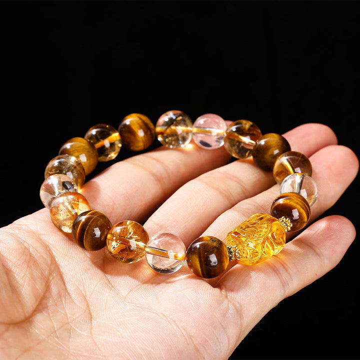 Pulsera de fuerza Pixiu de cera de abejas, citrino, ojo de tigre amarillo natural y Buddha Stones