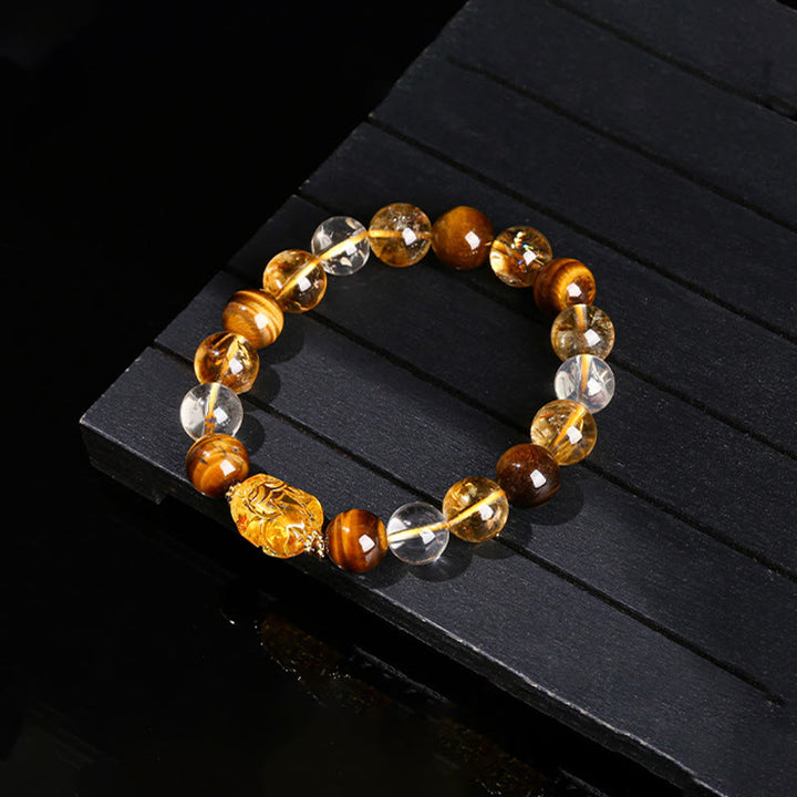 Pulsera de fuerza Pixiu de cera de abejas, citrino, ojo de tigre amarillo natural y Buddha Stones