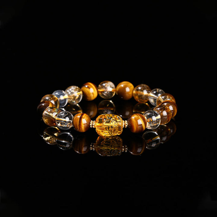 Pulsera de fuerza Pixiu de cera de abejas, citrino, ojo de tigre amarillo natural y Buddha Stones