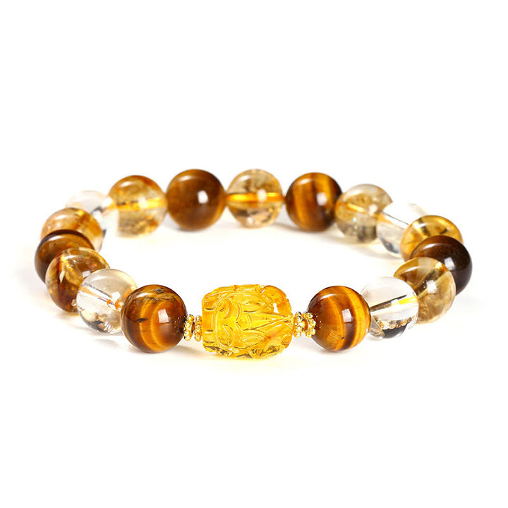 Pulsera de fuerza Pixiu de cera de abejas, citrino, ojo de tigre amarillo natural y Buddha Stones