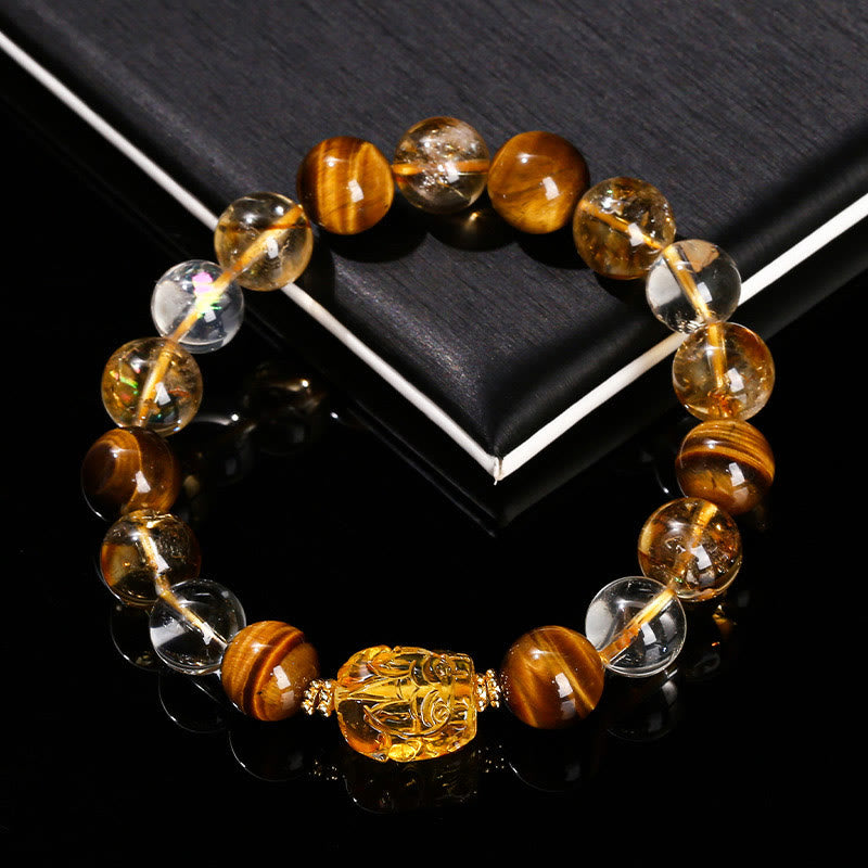 Pulsera de fuerza Pixiu de cera de abejas, citrino, ojo de tigre amarillo natural y Buddha Stones