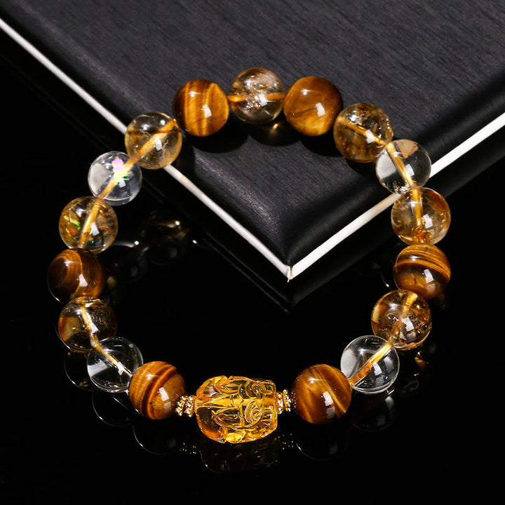Pulsera de fuerza Pixiu de cera de abejas, citrino, ojo de tigre amarillo natural y Buddha Stones