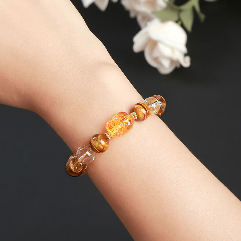 Pulsera de fuerza Pixiu de cera de abejas, citrino, ojo de tigre amarillo natural y Buddha Stones