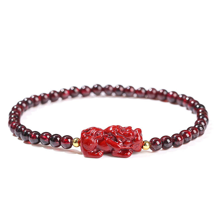 Pulsera protectora de cuentas cuadradas de cuarzo fresa PiXiu con granate y cinabrio de Buddha Stones