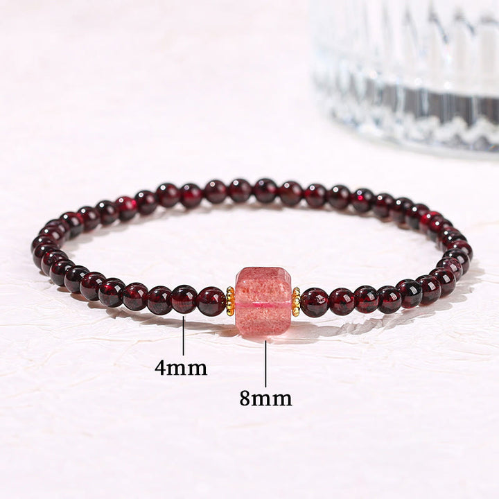 Pulsera protectora de cuentas cuadradas de cuarzo fresa PiXiu con granate y cinabrio de Buddha Stones