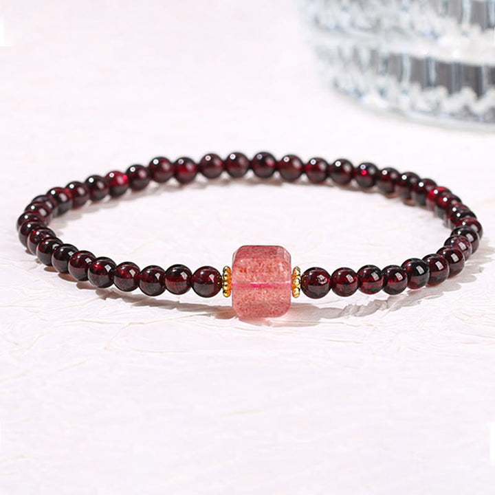 Pulsera protectora de cuentas cuadradas de cuarzo fresa PiXiu con granate y cinabrio de Buddha Stones