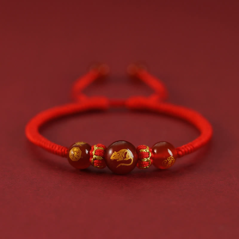 Pulsera trenzada de protección con hilo rojo del zodíaco chino y ágata roja hecha a mano con Buddha Stones - Ágata roja del zodíaco chino - Rata - image 1