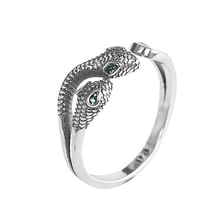 Anillo abierto ajustable con serpiente de dos cabezas del año de la serpiente en plata de ley 925 con Buddha Stones