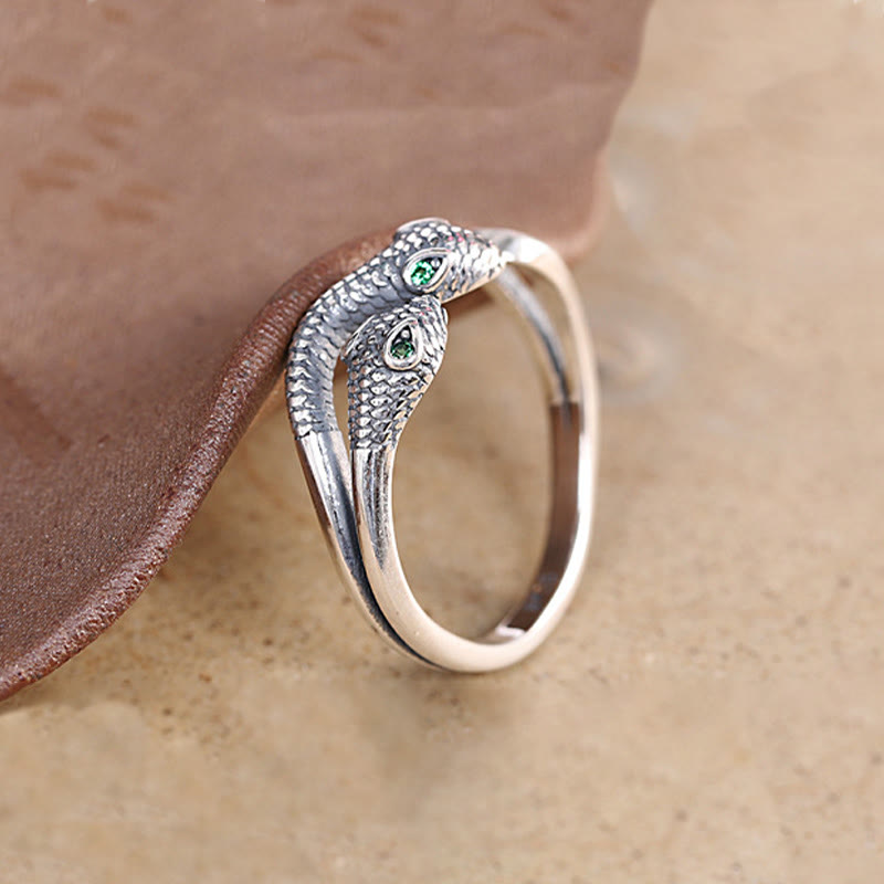 Anillo abierto ajustable con serpiente de dos cabezas del año de la serpiente en plata de ley 925 con Buddha Stones