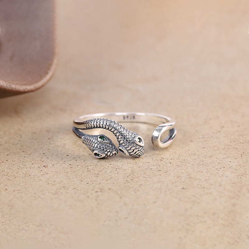 Anillo abierto ajustable con serpiente de dos cabezas del año de la serpiente en plata de ley 925 con Buddha Stones